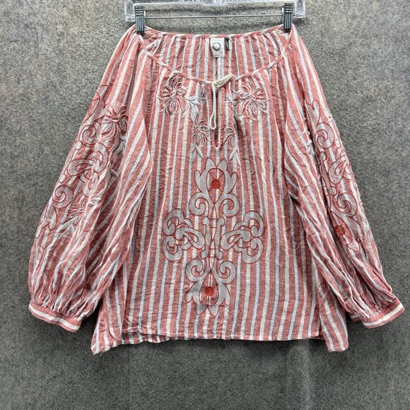Anthropologie Akemi Kin Shirt Womens Large Red White Striped Embroidered Boho - Picture 1 of 12
